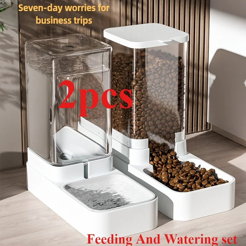 

Aset of plastic gravity feeders suitable for dogs, including automatic feeders and water feeders, without the need for batteries