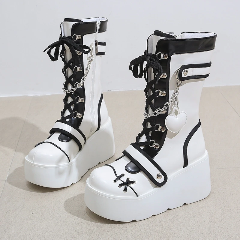 Mid-tube Shoes Fashion Round Toe Lace-up Colorblock Metal Chain Platform Non-Slip Wear-Resistant Wedge Heels