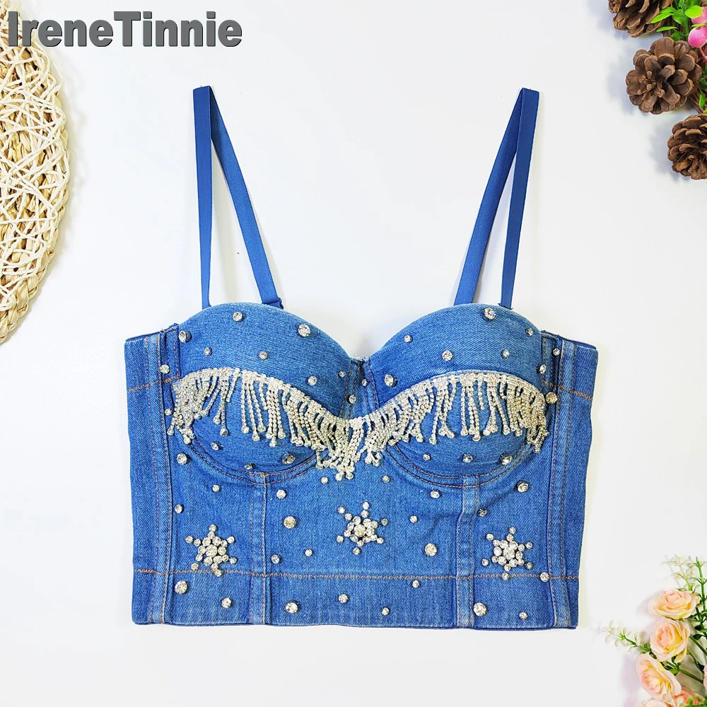 IRENE TINNIE Women Fashion Streetwear Blue Denim Sexy Tops Short Diamond Tassel Party Jeans Vest Casual Corset Pretty Crop Tops