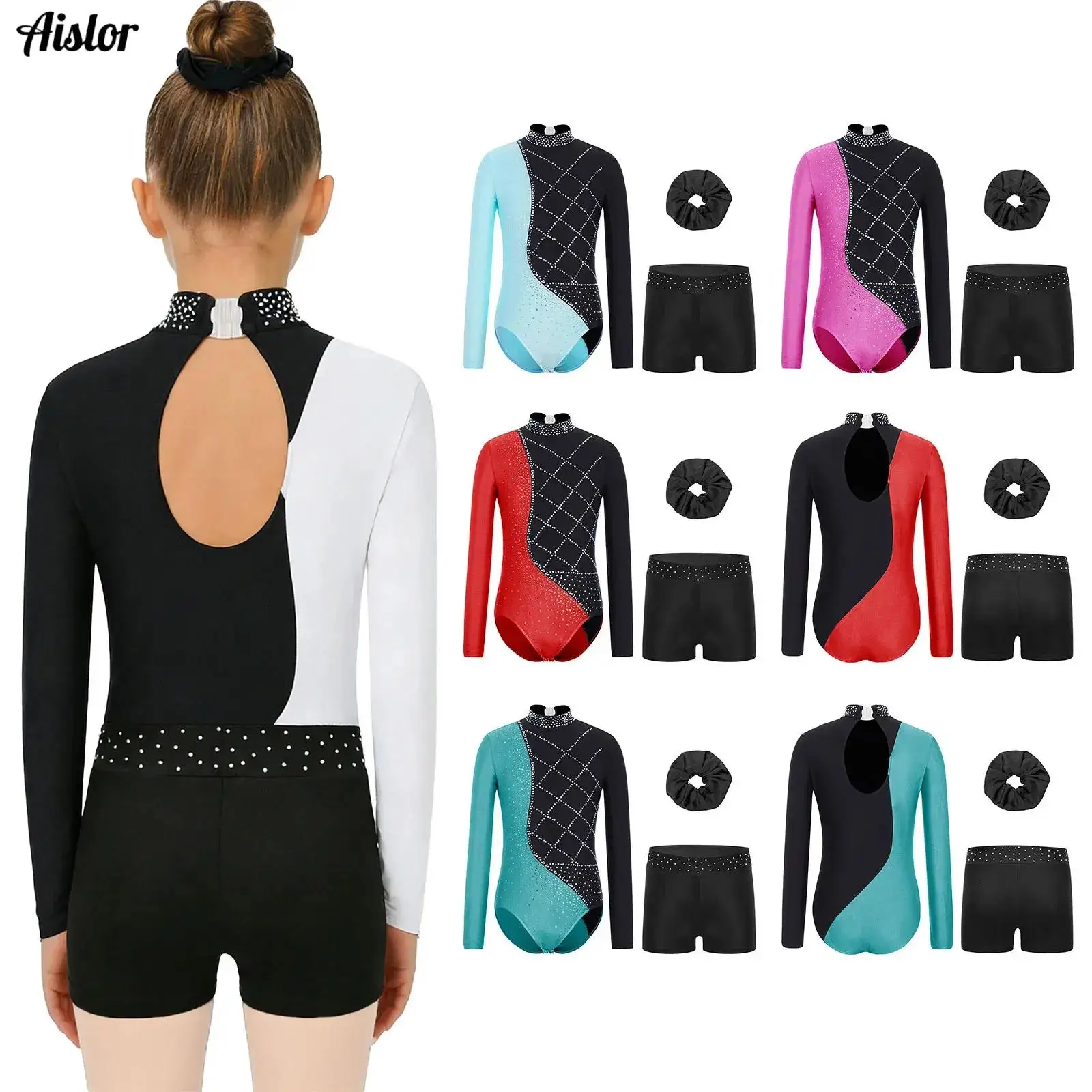 

Kids Girls Long Sleeve Rhinestones Ballet Jersey Dance Gymnastics Leotard with Shorts Hairband Figure Skating Practice Clothes
