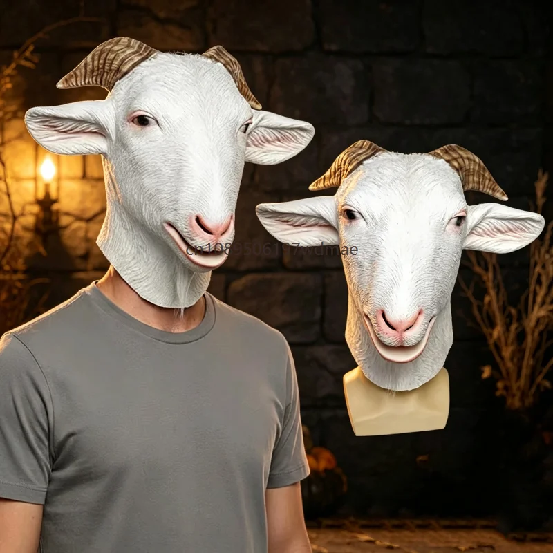 White Goat Head Mask Latex Animal Mask Full Face Goat Mask Halloween Carnival Fancy Dress Cosplay Party Costume Accessory Prop