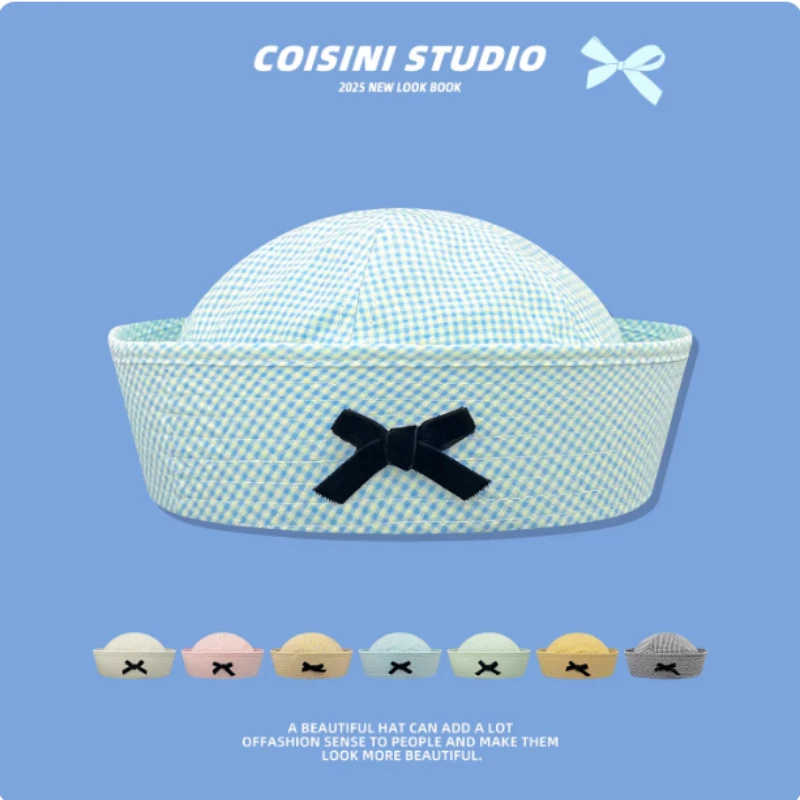 Korean Version Cute Sweet Bow Plaid Sailor Hat Spring and Summer Flipped Brim Versatile JK Dome Beret Cap for Women's 3