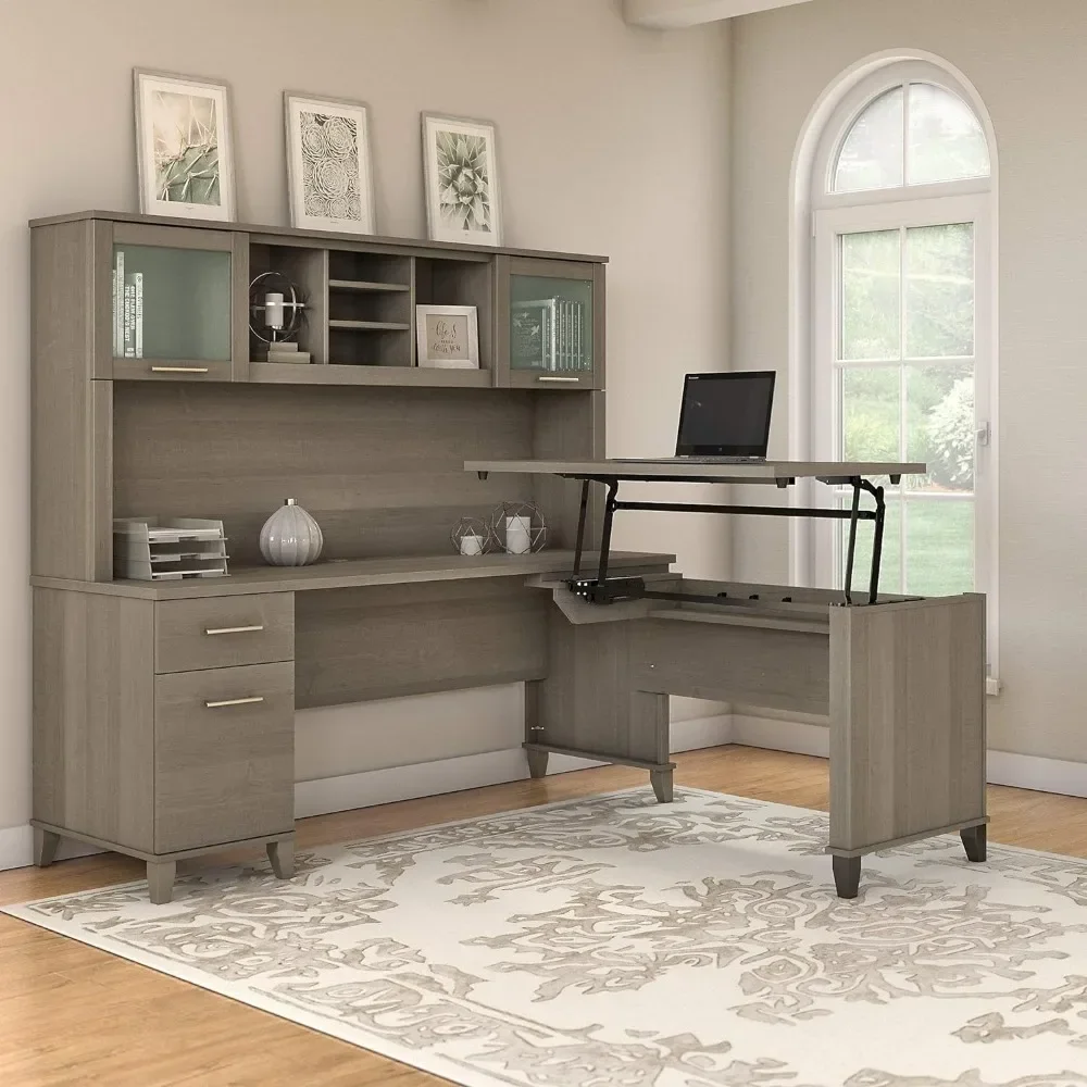 3 Position Sit to Stand L Shaped Desk with Hutch in Ash Gray Ergonomic Height Adjustable Standing Computer/Laptop Table