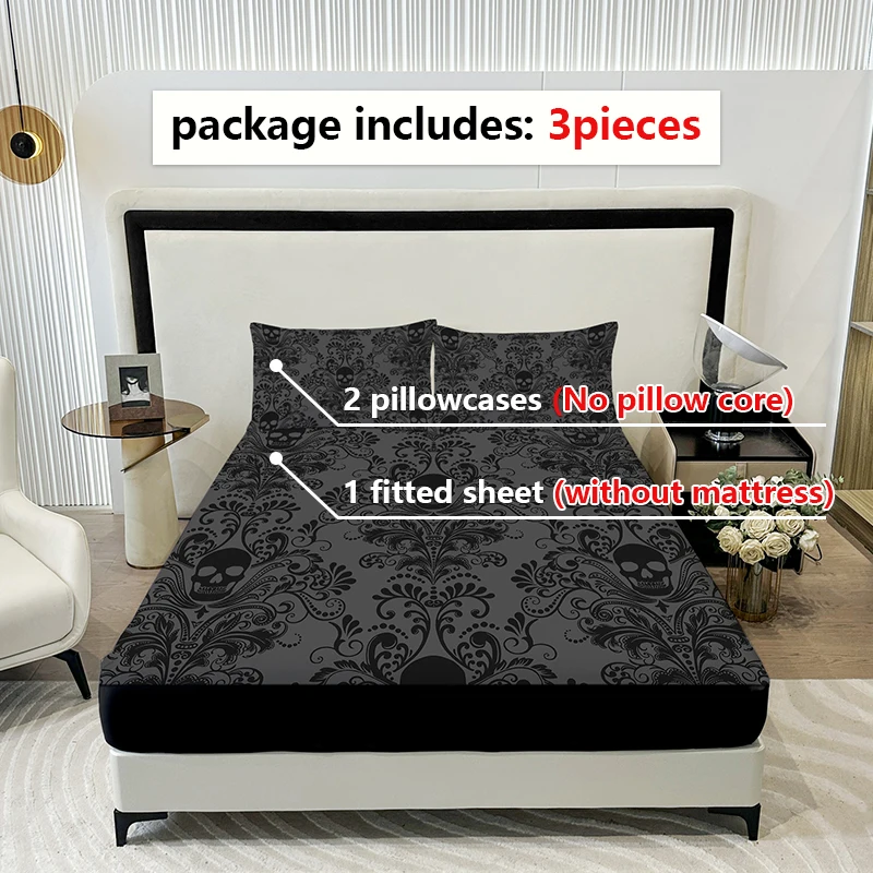 3pcs Skull Flower Bed Sheet Set With Flower Skull Pattern, Includes 1 Fitted Sheet And 2 Pillowcases, Suitable For All Seasons