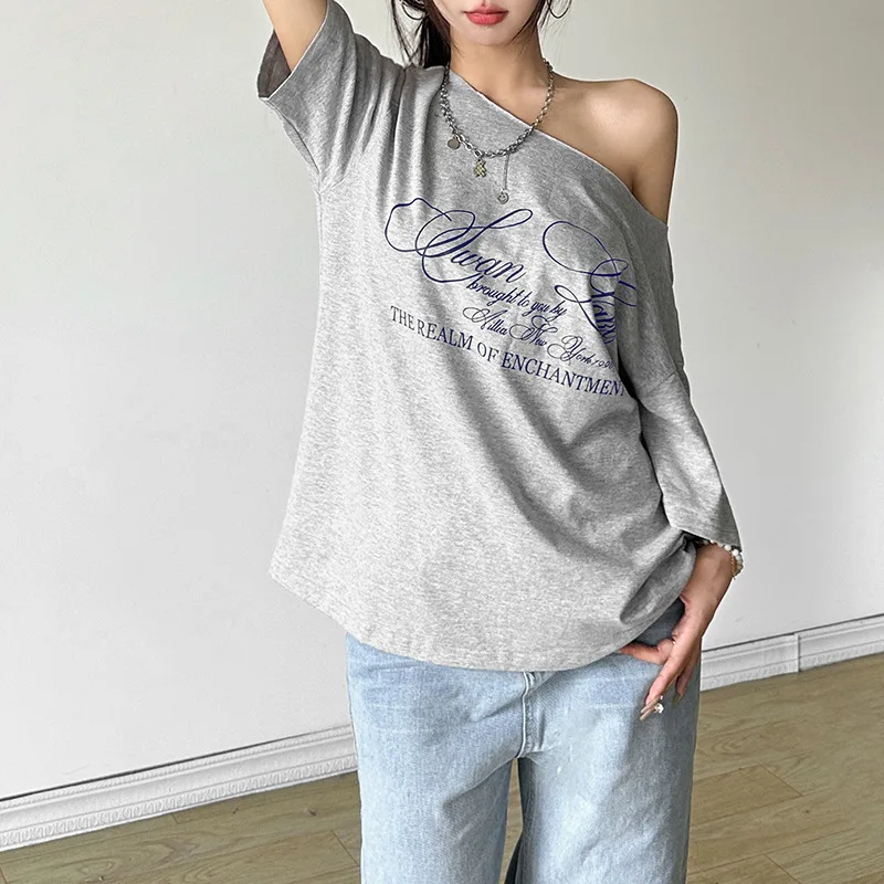 Y2k Aesthetic Casual Off Shoulder T-shirt Loose Letter Printing Harajuku Tshirts Grunge Vintage Streetwear Oversized Tee Shirts