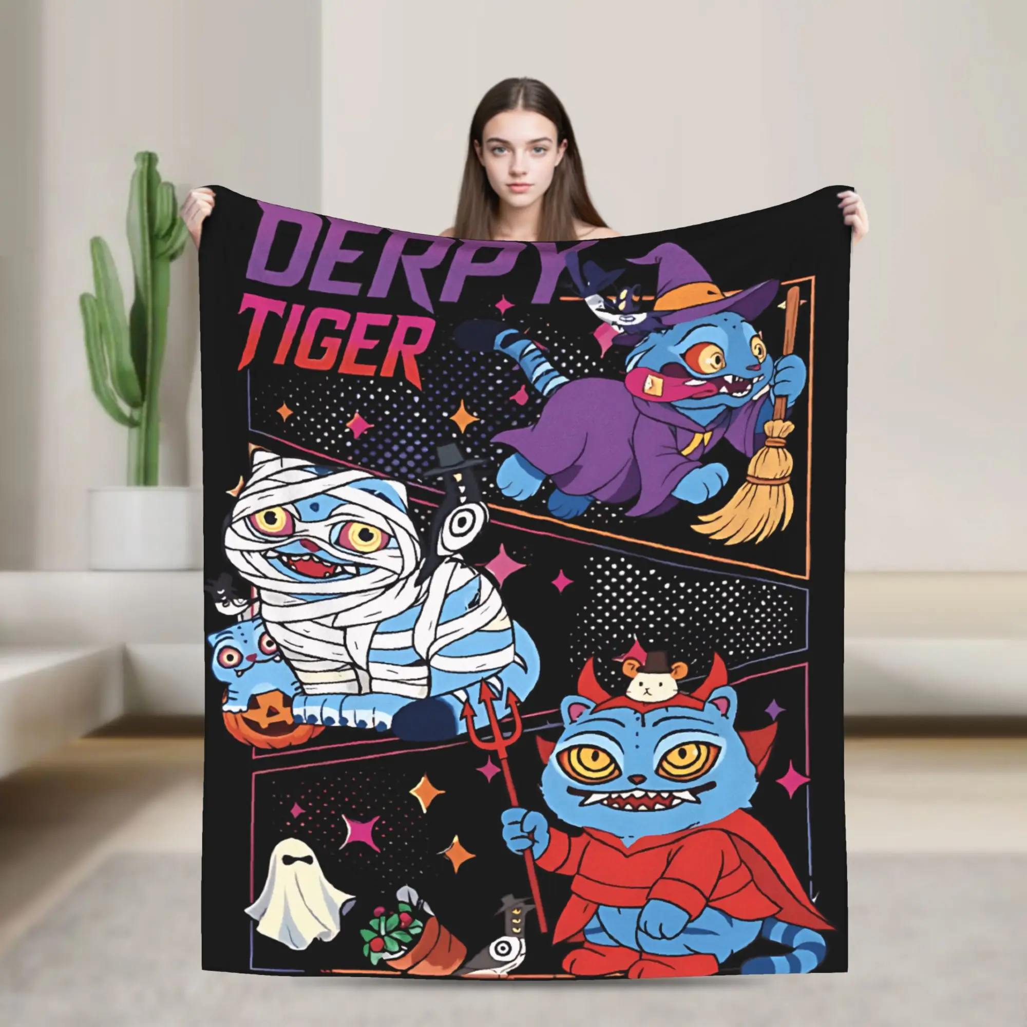 

Soft Blanket Picnic Halloween Derpy Tiger Throw Blanket Flannel Bedspread For Living Room Novelty Sofa Bed Cover
