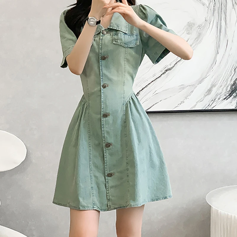 EVNISI Women Chic Short Sleeve Denim Dress Polo Collar Button Up Slim A-line Dresses Summer Women High Wais Office Vestido 2024