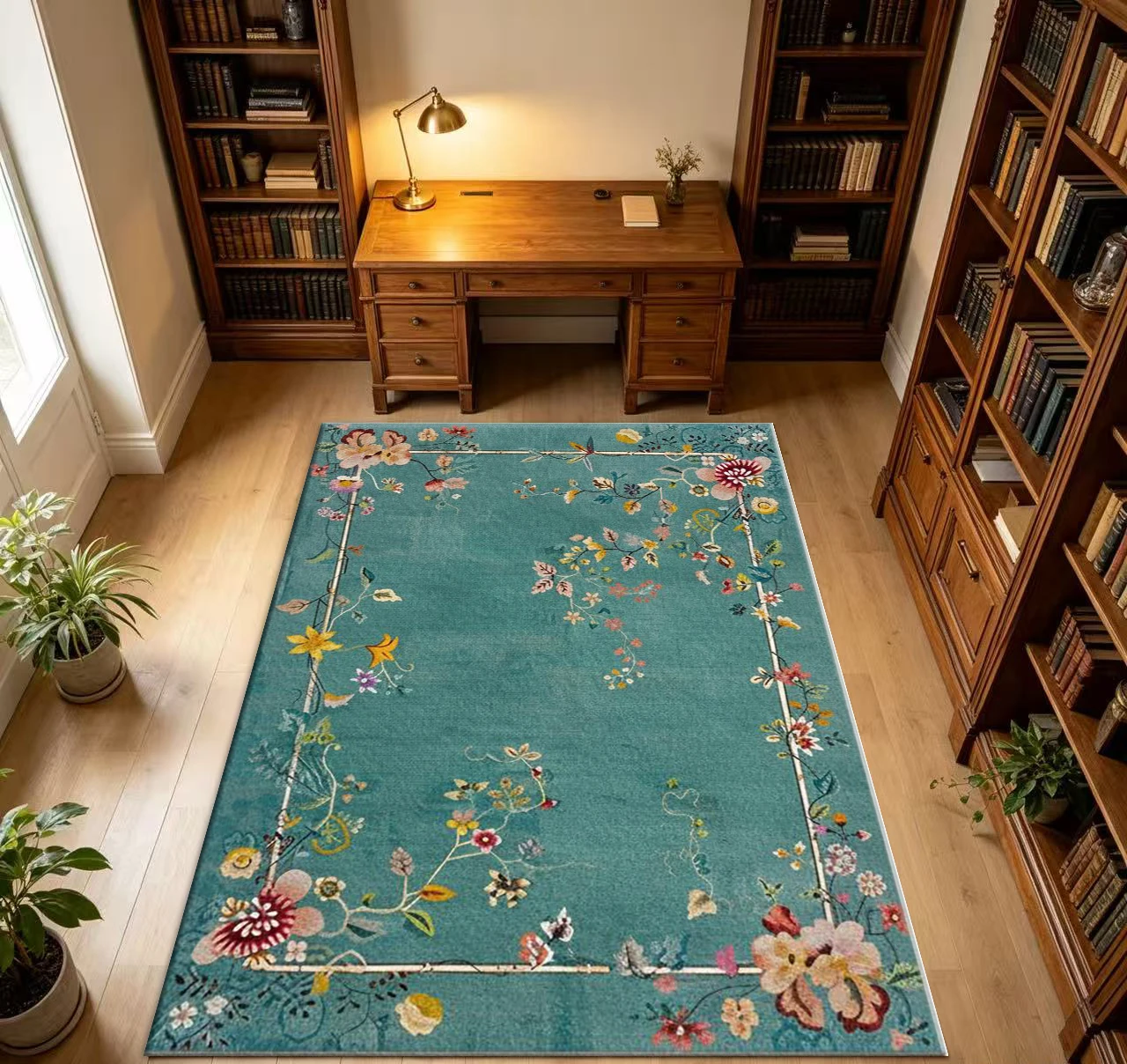 Teal Green Background Vintage Floral Frame Border Non-Slip Carpet Home Decor Floor Rug