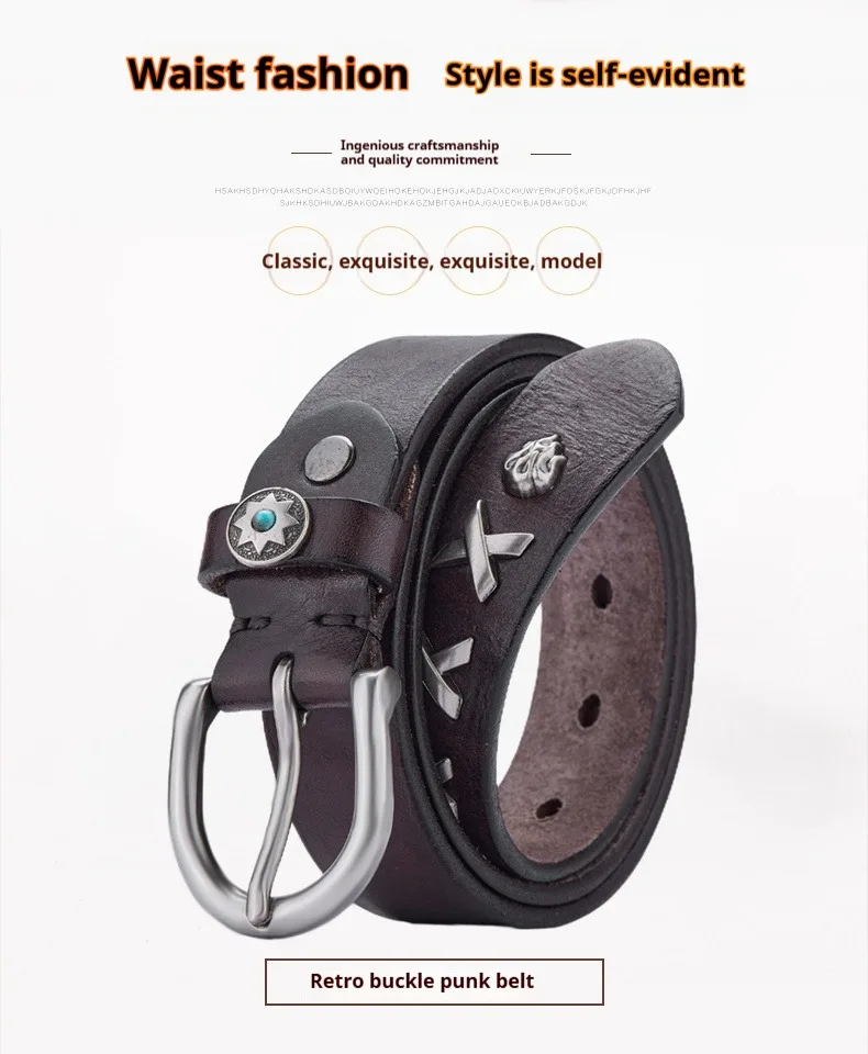 メンズ本革ベルト-ヴィンテージシルバーバックル、星貝と炎のスタッド付き、デニムカジュアルスタイルベルト、高品質ファッション