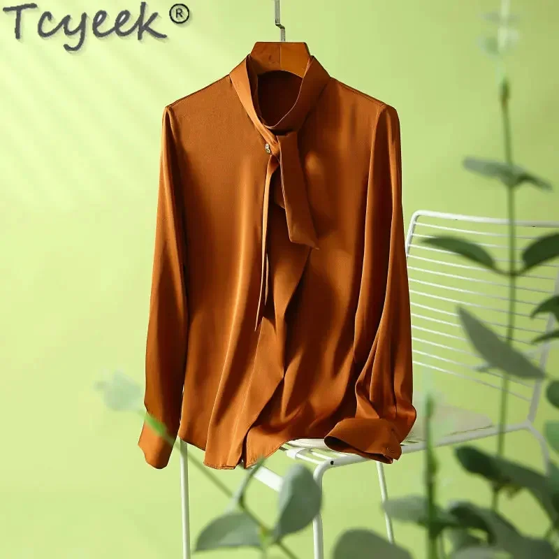 

Spring Tcyeek Fall 100% Real Silk Shirts Women's Elegant Blouse Fashion Ribbon Long Sleeve Top Women Casual Shirt Blusa Feminina