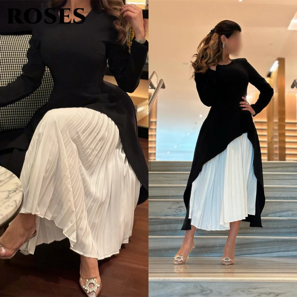 

ROSES Black-White فساتين السهرة Crew Neck Prom Dresses Long-Sleeves Pleated Formal Dress Asymmetric Midi Party Dress Customized