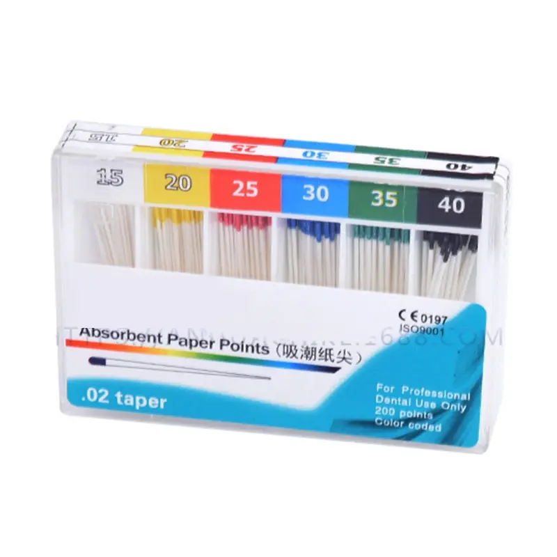 Puntas de papel absorbentes para odontología, puntos de papel, cancelación de raíz, endodoncia, fibra de algodón, puntas de papel, producto de dentista, tamaños mixtos #15-40, 200 unids/paquete