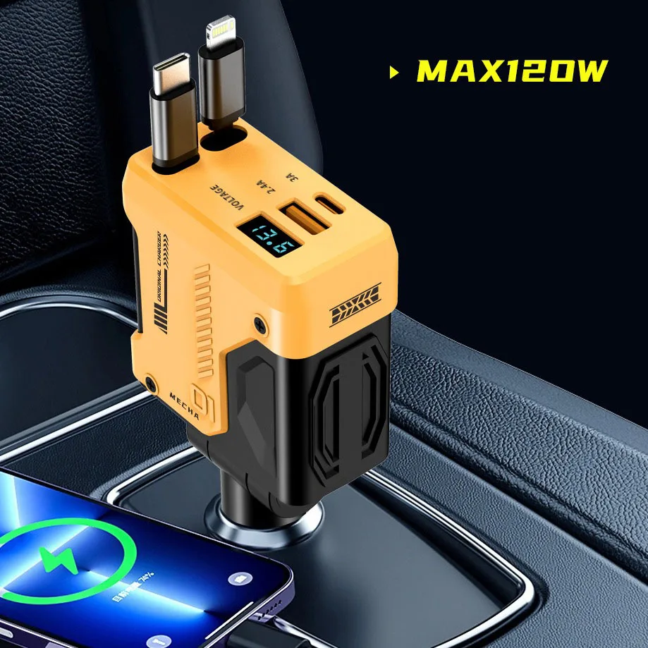 4-in-1 120W Retractable Car Charger Super Fast Charging Type-C Adapter USB Cigarette Lighter For IPhone 15 Huawei Samsung ﻿