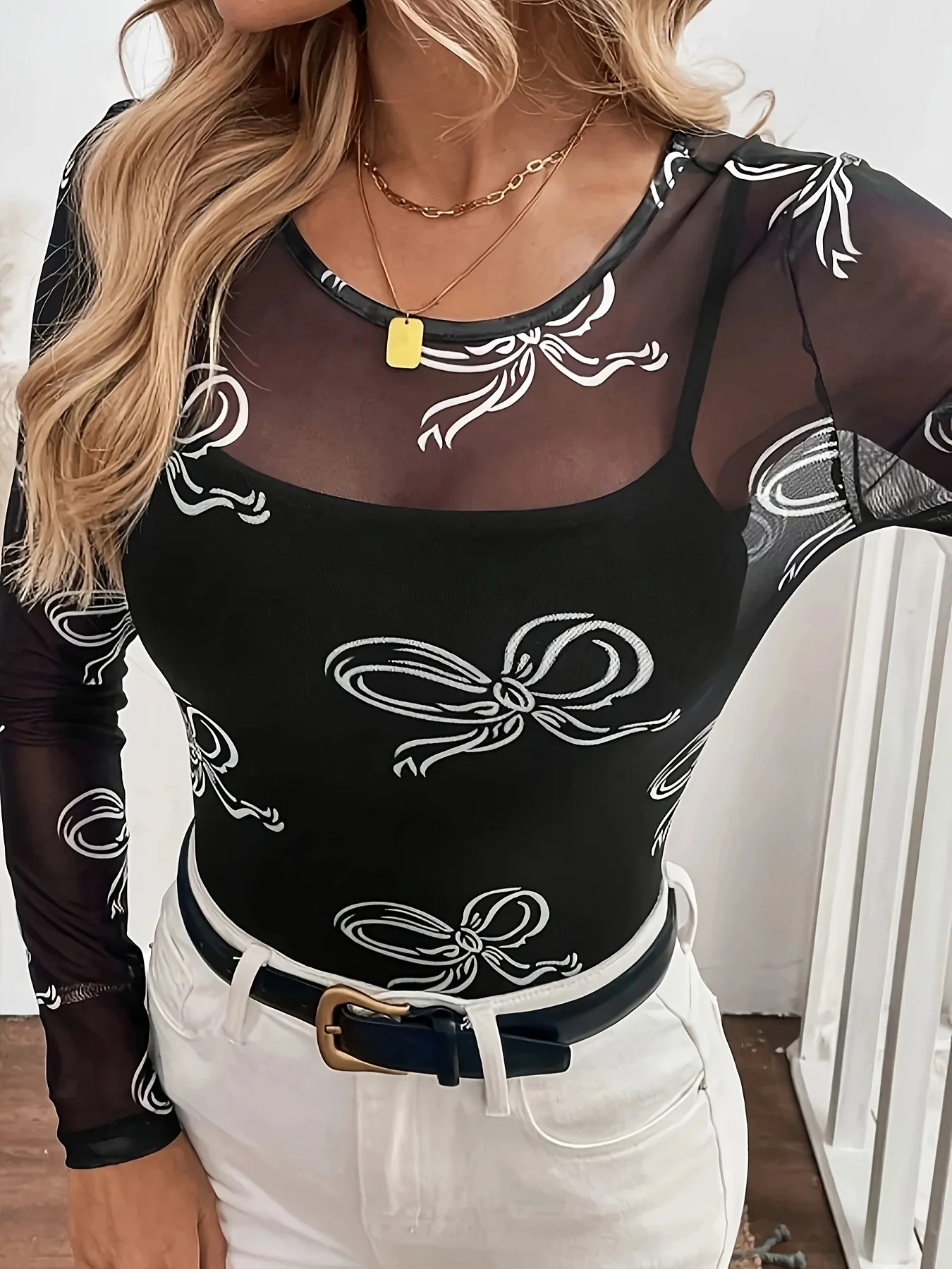 

Облегающий сетчатый топ с бантом больших размеров, сексуальный сладкий шик, для вечеринок, свиданий и модных прогулок.