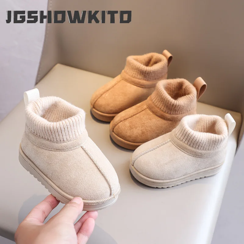 JGSHOWKITO Toddler Kids Winter Snow Boots Warm Suede Ankle Boots for Boys Girls Outdoor Slip-on Soft Soled Children Cotton Boots