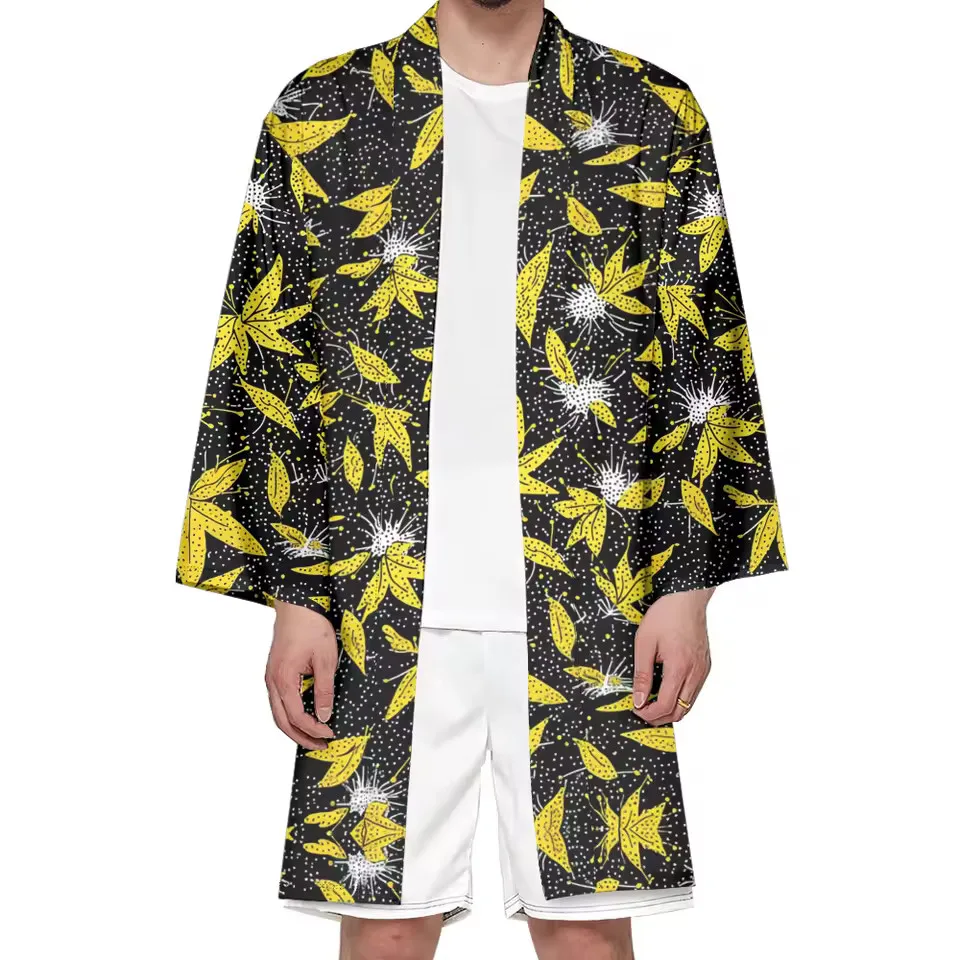 

Осеннее самурайское кимоно для косплея, японская мода, длинное кимоно хаори в стиле ретро, мужской винтажный кардиган, халат унисекс, юката с растительным принтом