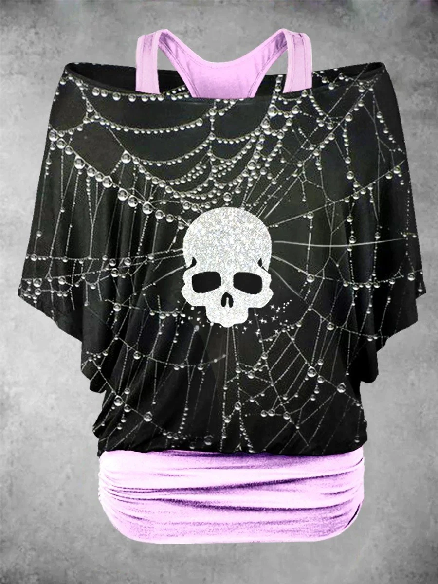PLstar Cosmos 3D Printed Horror Skull Pattern Faux Two-Piece Top Women's Casual T-Shirt Harajuku Streetwear