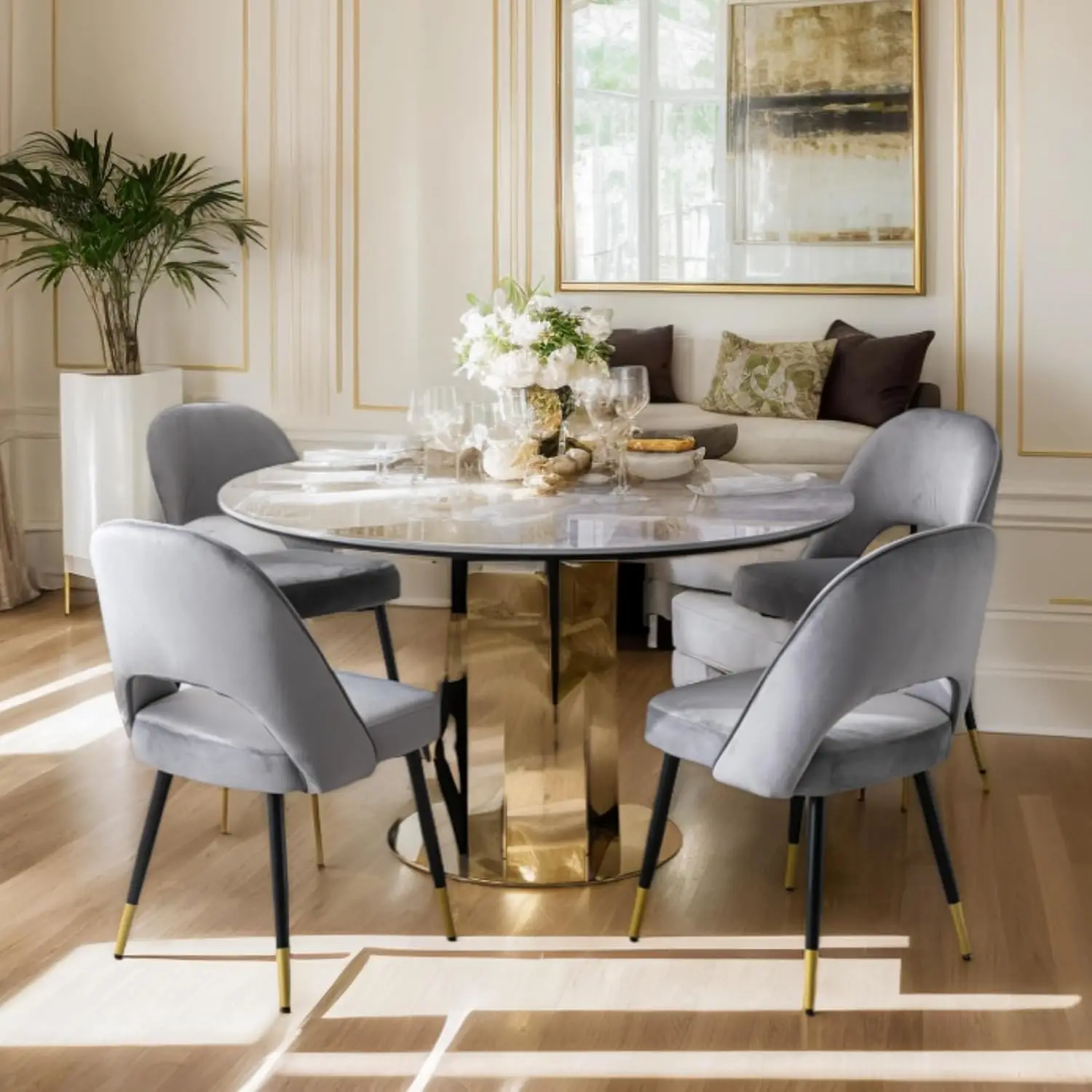 Modern Dining Chairs Set Of 4, Arml Upholstered Velvet Dining Kitchen Chairs With Open Ba And Metal Legs,Farmhouse Dining Room