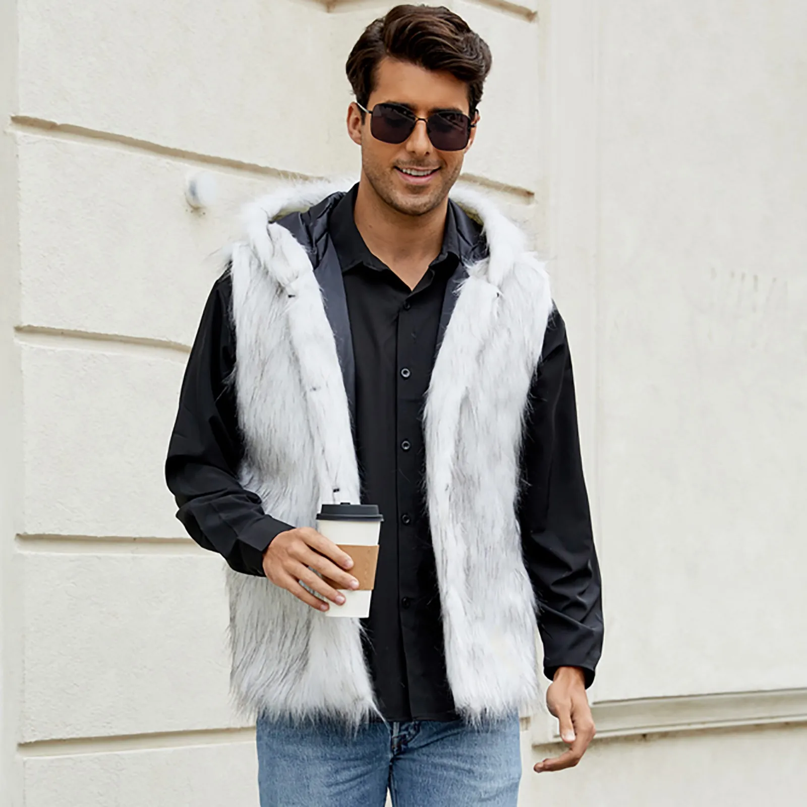 Men Hooded Vest V Neck Faux Fur Jackets Sleeveless Elegant Splice Vests Cardigan Hoodies Casual High Street Autumn Winter