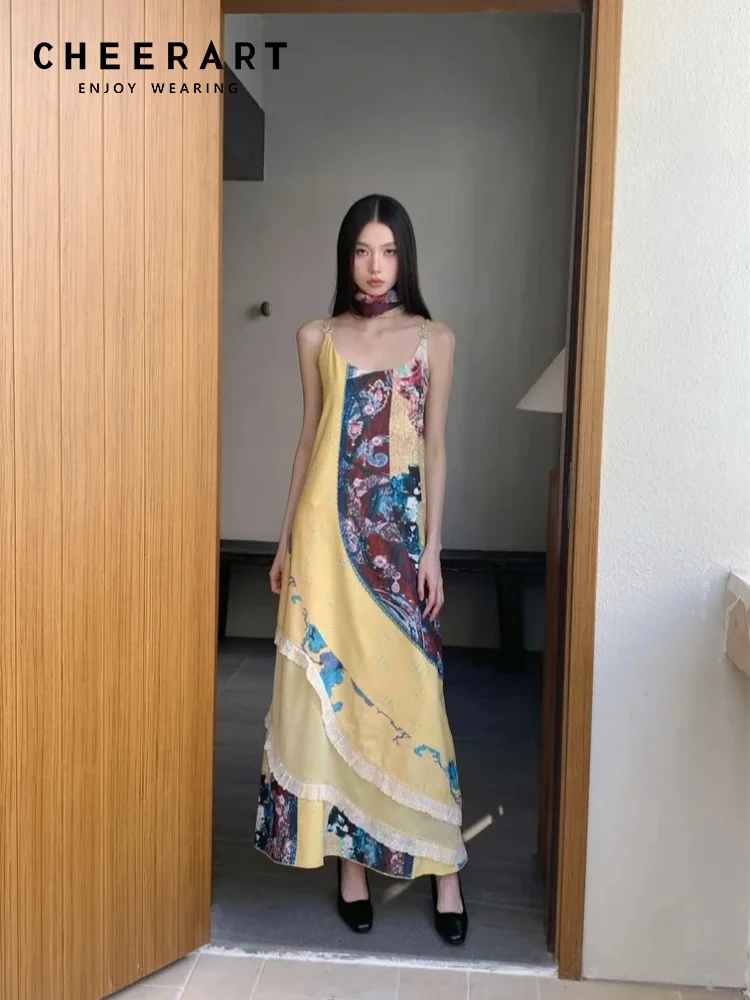 CHEERART Boho Vintage jaune robe longue à fleurs pour femme 2025 été dentelle Patchwork une ligne Maxi robe de vacances tenues de vacances