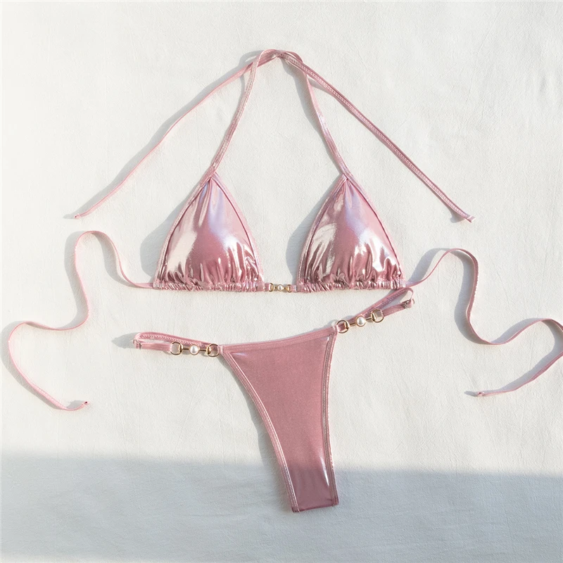 Luksusowy seksowne Bikini jednokolorowy strój kąpielowy kobiet zestaw Bikini bandażowy strój kąpielowy regulowana biżuteria strój plażowy kobiecy