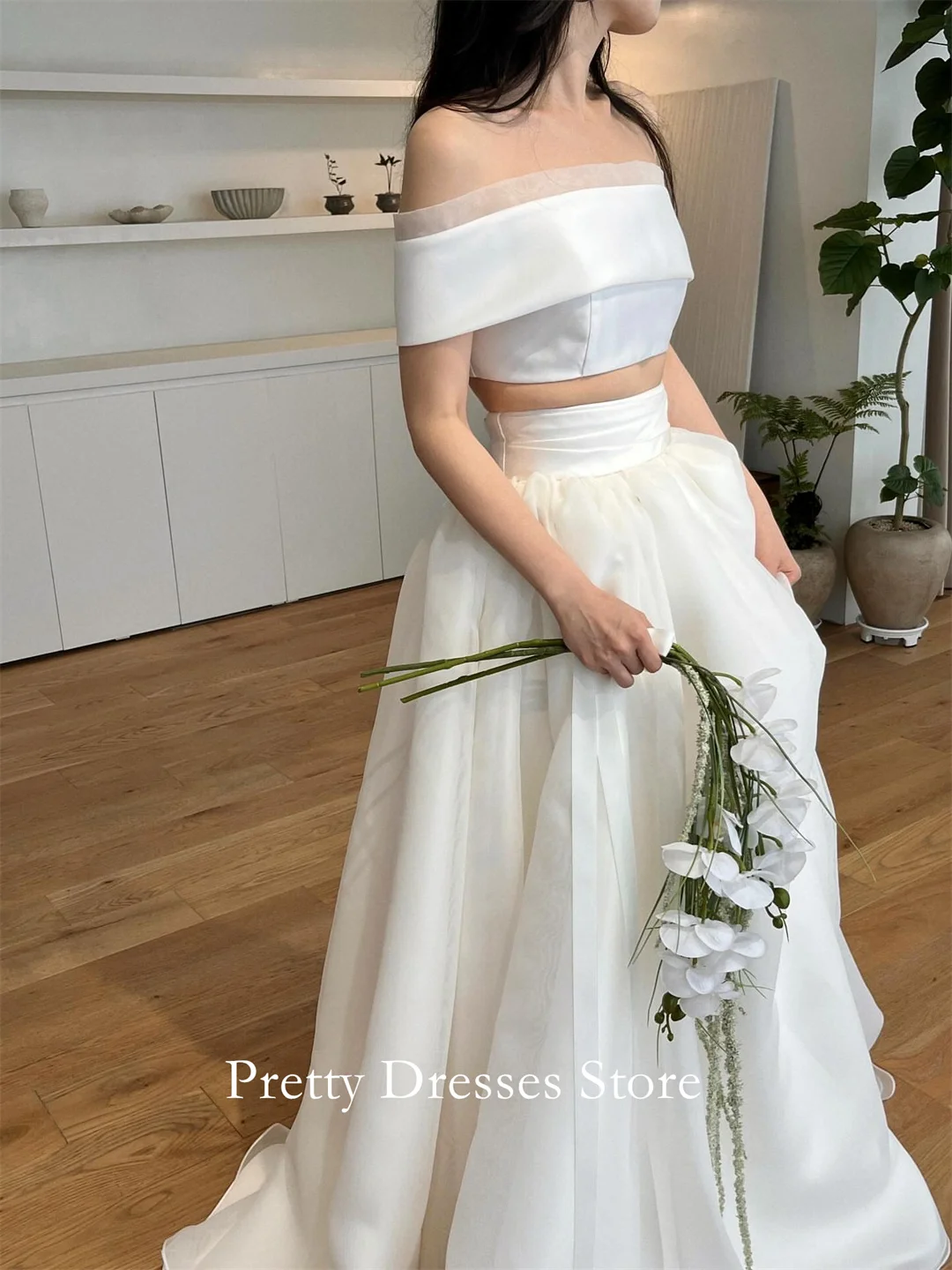 Off Shoulder 2025 Style Garden Customized Ivory Organza Two Pieces Simple Wedding Dresses A-Line Bride Growns Party Women
