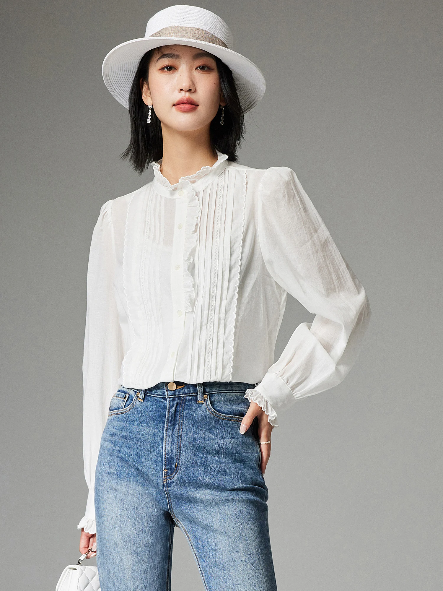 

Romantic Vintage Atmosphere Ruffle Trim Comfortable Long Sleeve Shirt Small Stand Collar Spring Summer Cotton Straight Tube