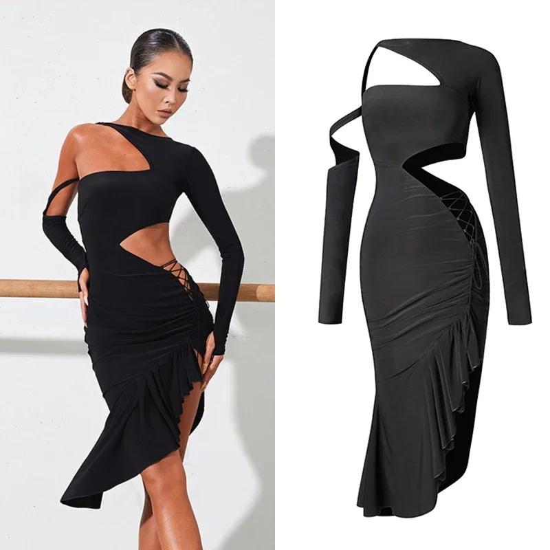 

Slanted Shoulder Cutout Latin Dress Sexy Black Latin Dance Dress Women Rumba Samba Cha Cha Salsa Dresses Practicw Wear SL7274