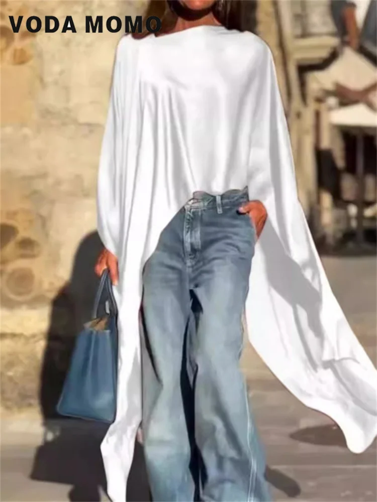 Chemisier et chemises longues pour femmes, couleur unie, ourlet irrégulier, ample, décontracté, manches chauve-souris, col rond, tendance, haut de vacances pour dames