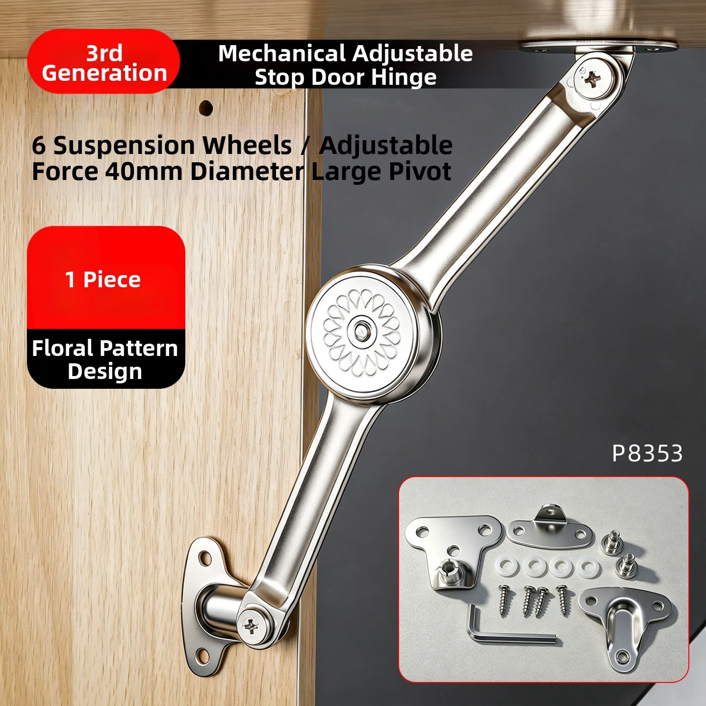 Zinc Alloy Cabinet Flip Hinge with Overhead Mounting Design Adjustable Force Control and Six Wheels for Even Load Distribution