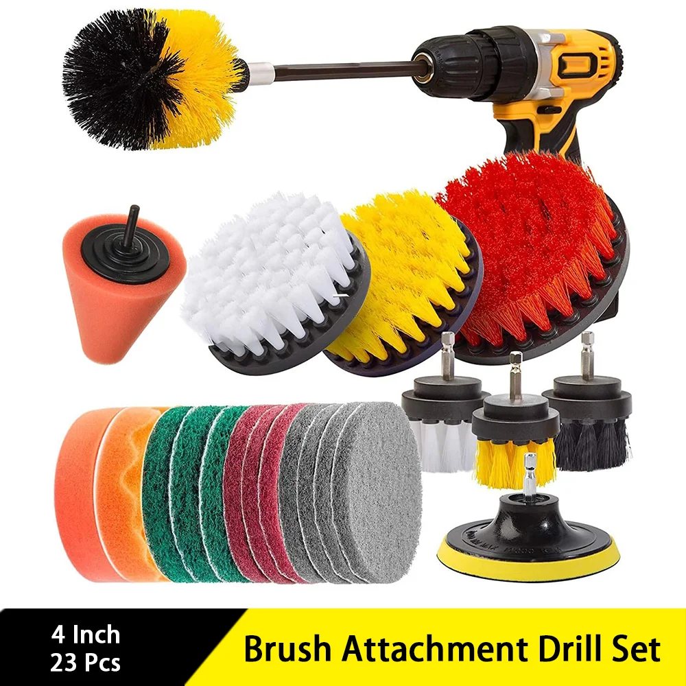 23 Pcs Brush Attachment Drill Set with Polishing Attachment Cordless Screwdriver for Car Rims Bathtub Sink Kitchen Wheels Grill