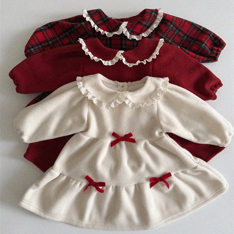 

2025 Winter New Girls Sweet Bow Lace Collar Dress Children Long Sleeve Fleece Dress Thick Warm Baby Girl Lapel Princess Dress