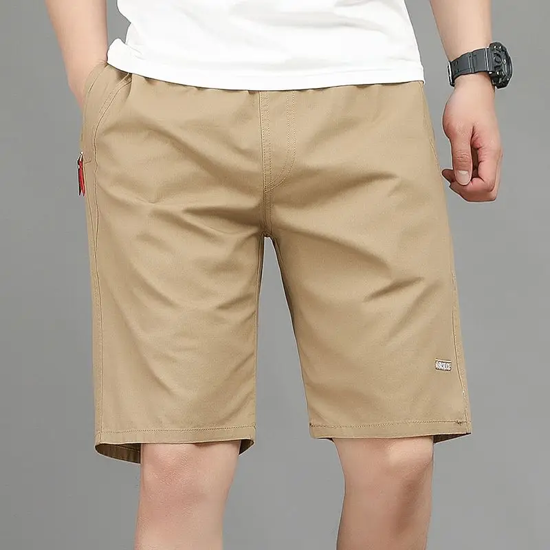 Shorts retos soltos casuais masculinos, outwear de algodão fino, calça de 5 pontos, bordado sólido, elástico na cintura, bolso para desenho, verão