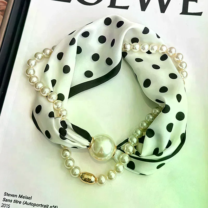 Magnetic Narrow Elegant Satins Neck Scarf Wrap With Pearls Chain Necklace And Buckle For Women Vintage Floral Silk Neckerchief
