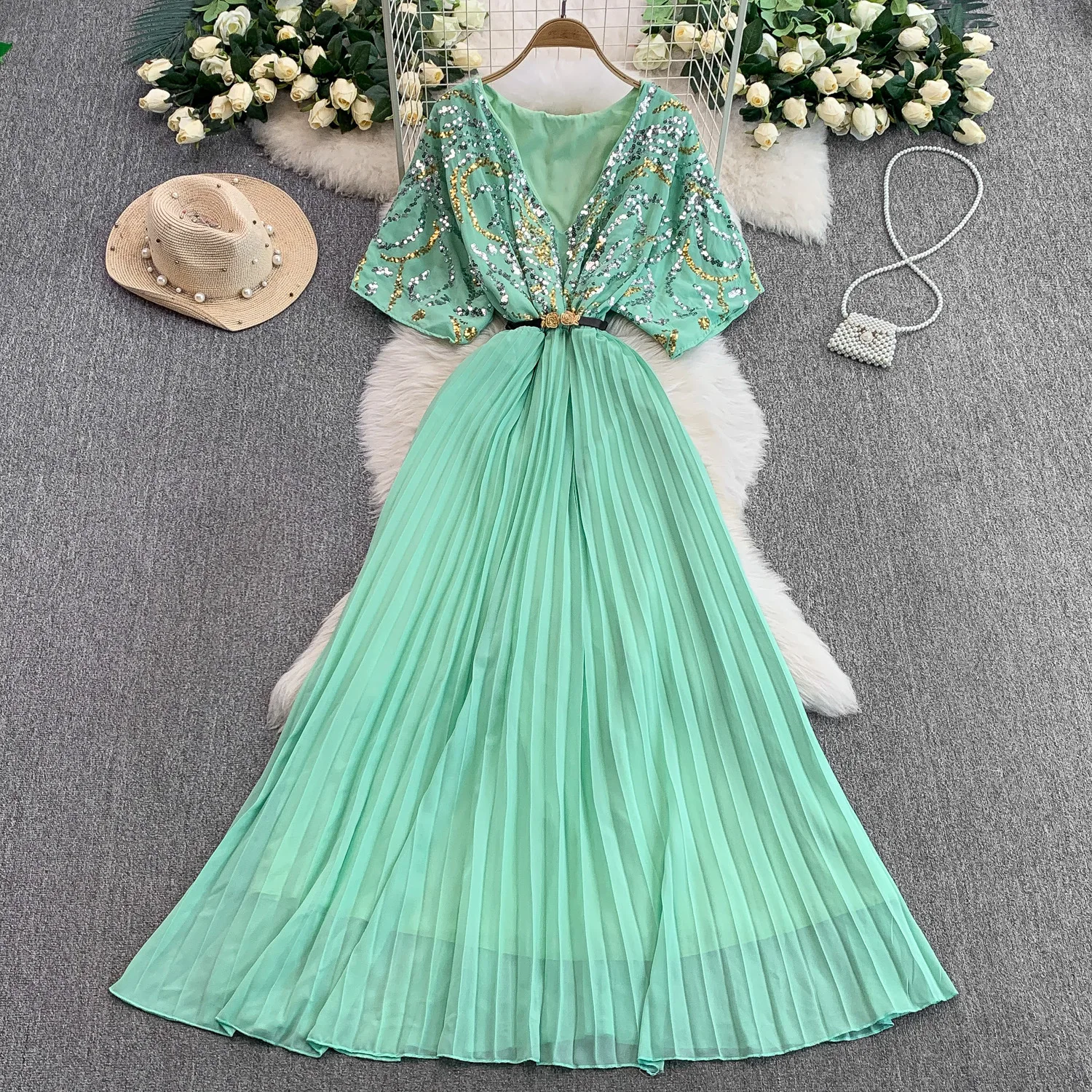 

Luxury Sequined V-neck Dress Women 2025 Summer French Belt Pleated Elegant Long Dresses 2025 Holiday Casual Seaside Beach Dress