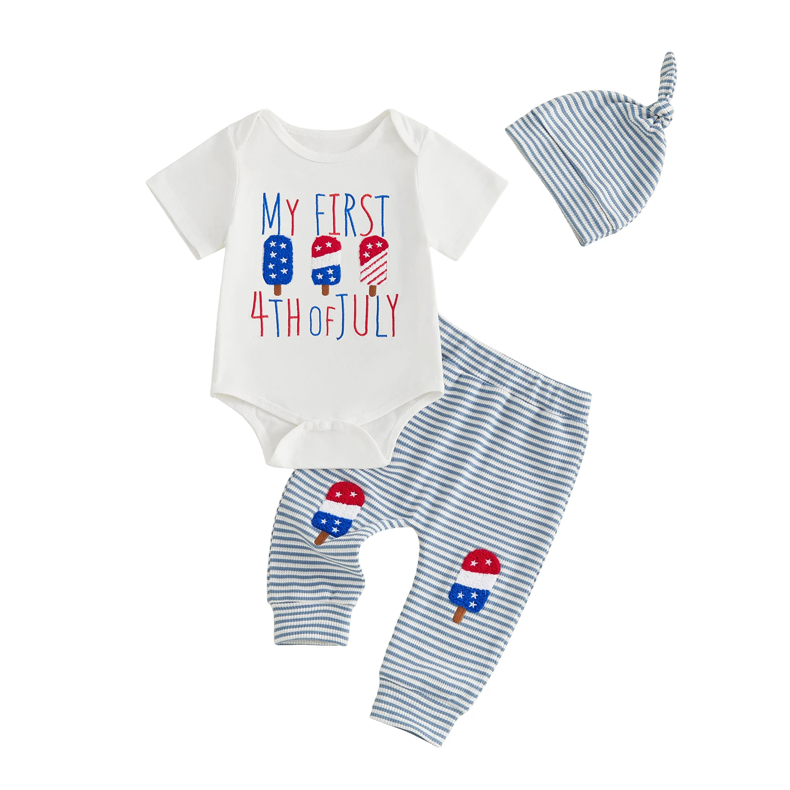 Baby Boys 4th of July Outfits Letter Ice Cream Fuzzy Embroidery Crew Neck Short Sleeve Waffle Rompers Long Pants Hat 3Pcs