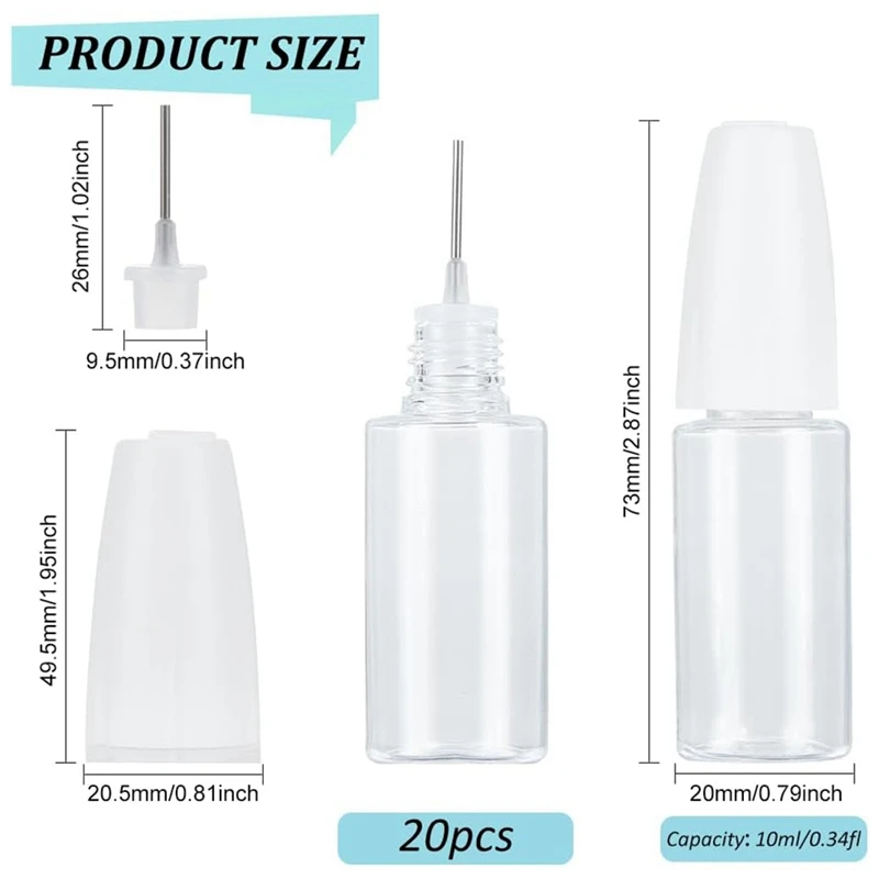 20 шт., бутылки с аппликатором с прецизионным наконечником, 10 мл/0,34 унции, дозирующая игольная бутылка, пустая бутылка для клея из ПЭТ со стальной иглой, простая в использовании