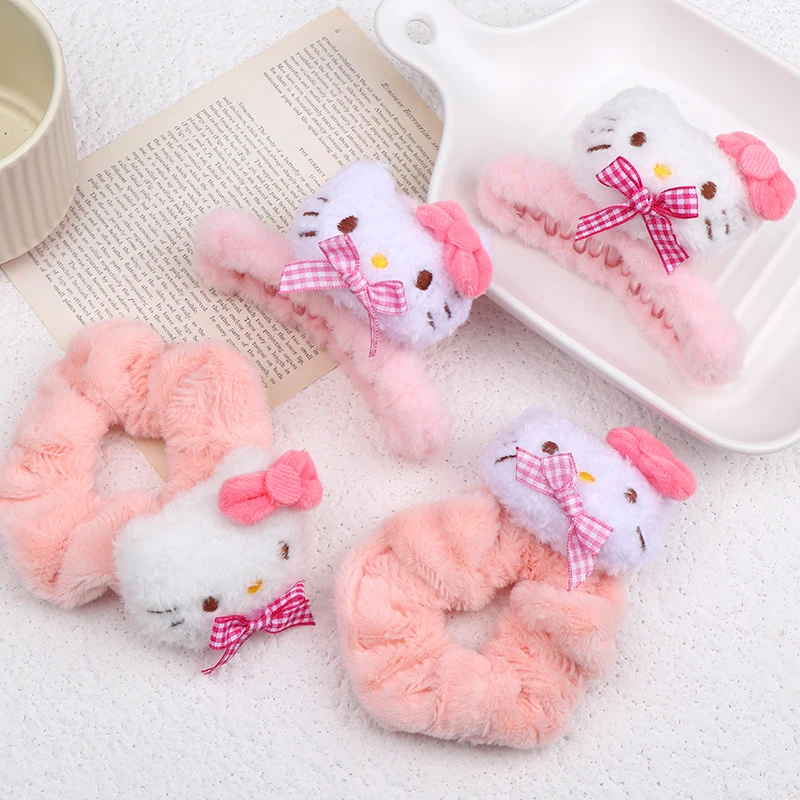 Plush Hello Kitty Hair Claw Hair Ring Pink Bowknot Shark Claw Clip Sweet Girl Scrunchies Women Hair Accessories