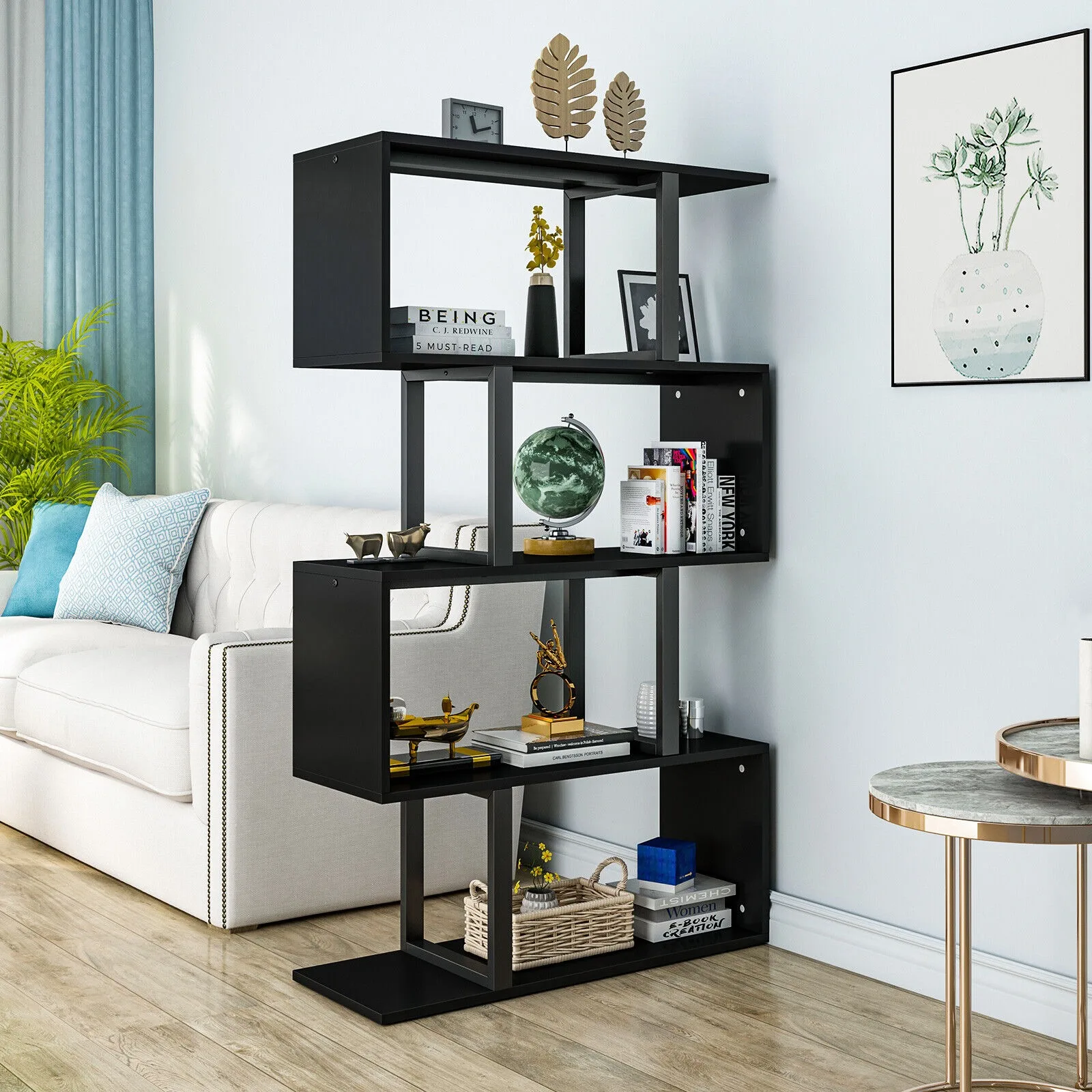 

5-Tier Geometric Bookshelf S-Shaped Display Bookshelf Storage Room Divider Black United States