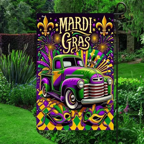 Mardi Gras Truck Fat Tuesday Double-sided Garden Flag Decor, Carnival Mardi Gras ZZO EEZ