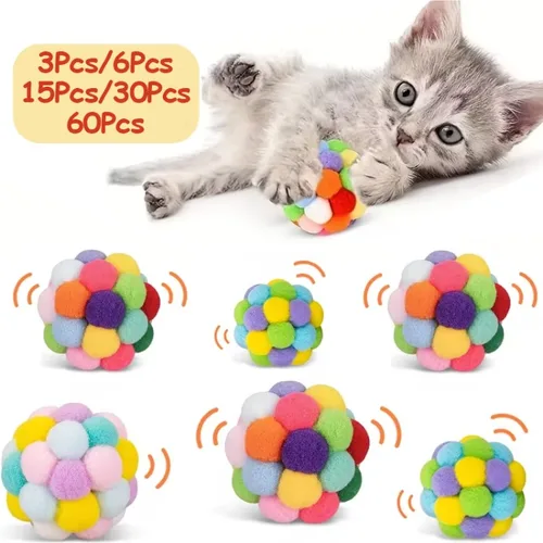 3/60pcs Cat Toys Balls with Bells , Color Cat Pom Pom Balls,Tinsel Sparkle Balls,Interactive Toy for Indoor Cats Kitten 