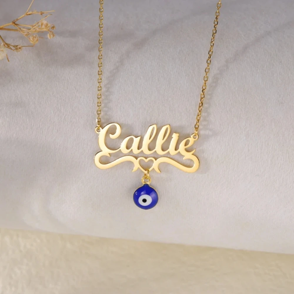 

Stainless Steel Custom Name Pendant Necklace For Women Fashion Blue Devil's Eye Chain Necklace Personalized Jewelry