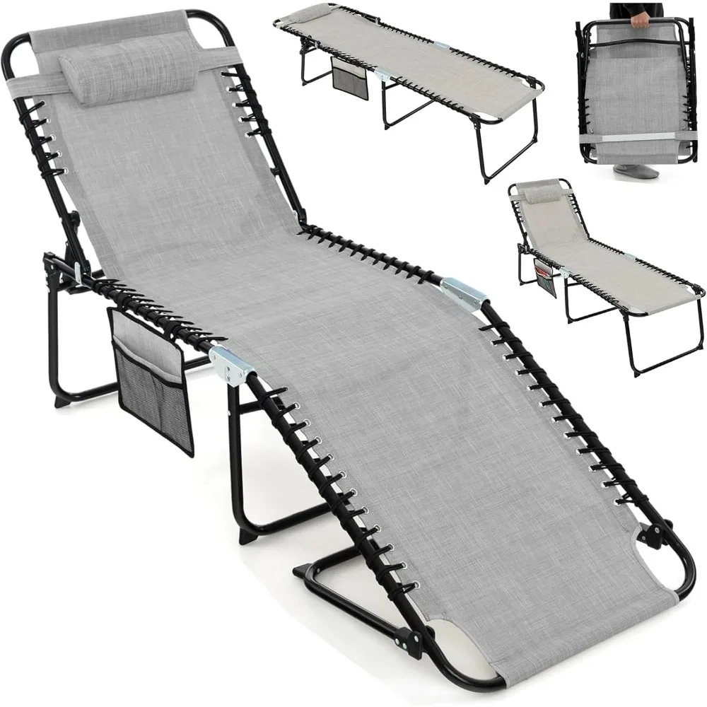 

Patio Lounge Chairs for Outside - Folding Tanning Chair w/Headrest, 4 Adjustable Positions, Side Pocket, Outdoor Chaise Lounge