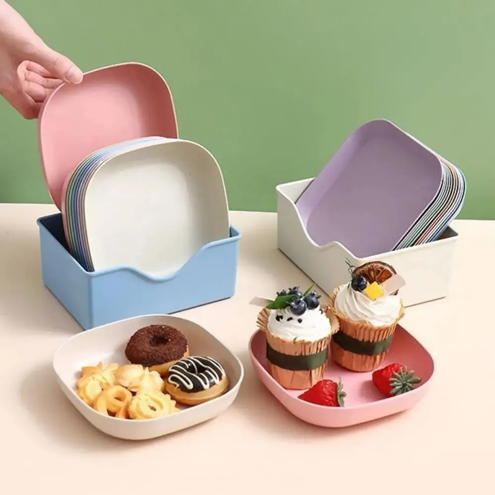 10pcs Snack Plate Macaron Color Simple Straw Bone Spitting Plate Set Candy Fruit Cookie Cake Storage Tray Kitchen Accessories