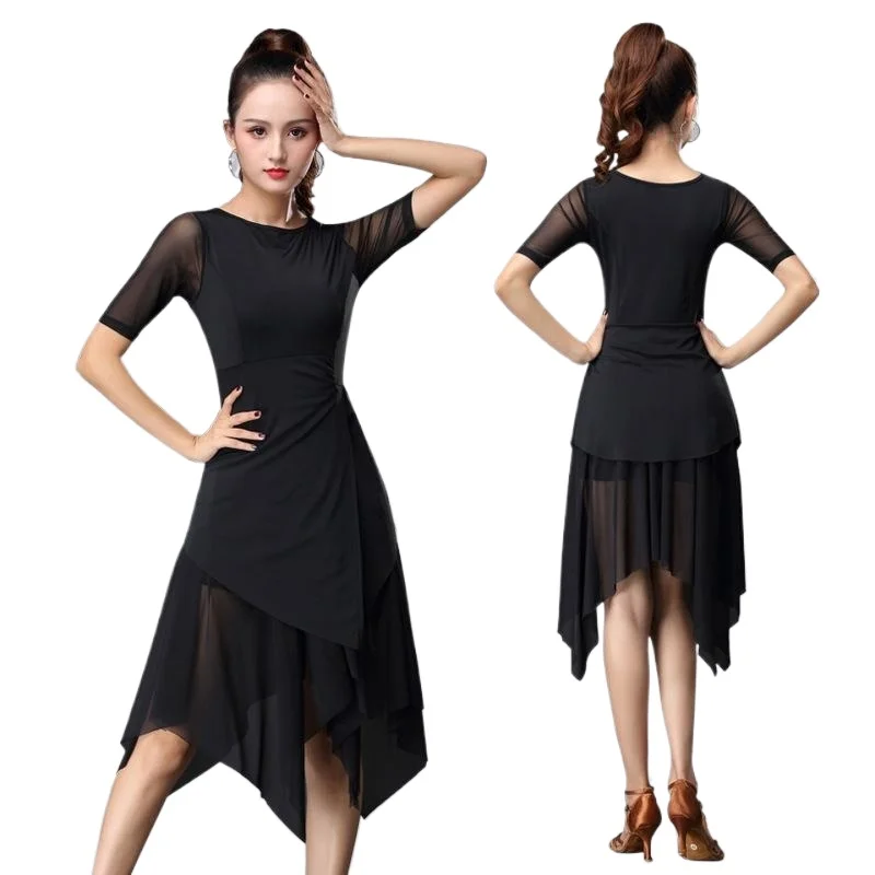 

New Women Fashion Sexy Mesh Short-sleeve Latin Dance Tassel One-piece Dress For Women/female, Ballroom Tango Cha Rumba Costumes