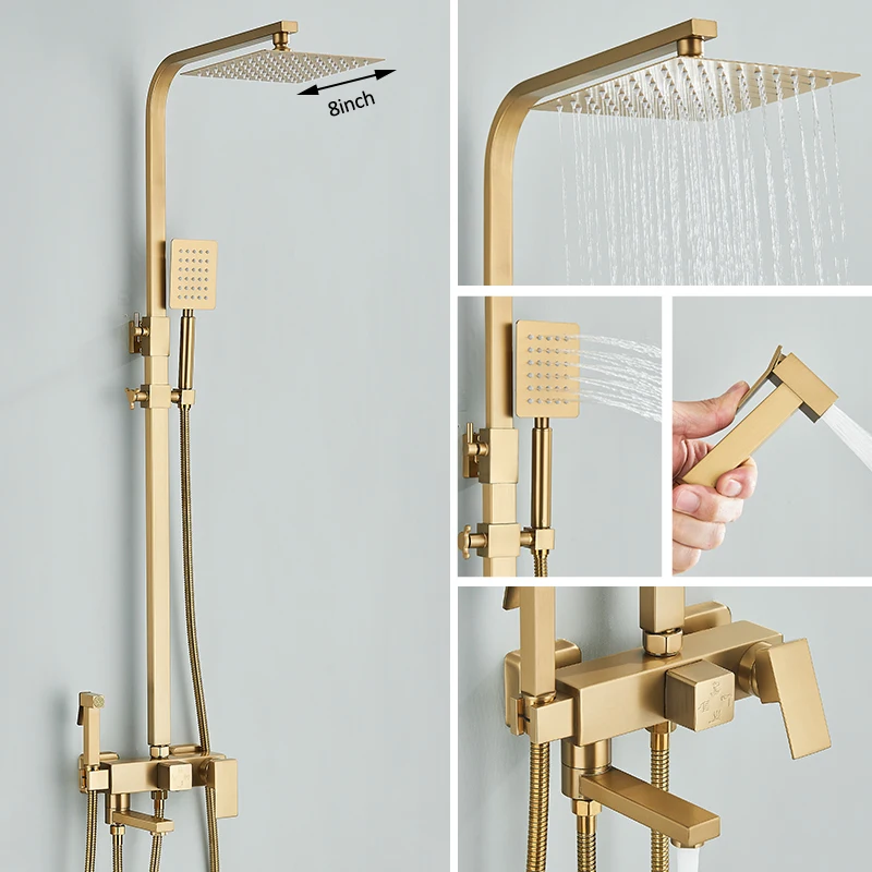 4-in-1 goud geborsteld douchesysteem Regendouche Warm koud watermengkraan met bidetkraan Baddouchekraan voor badkamer