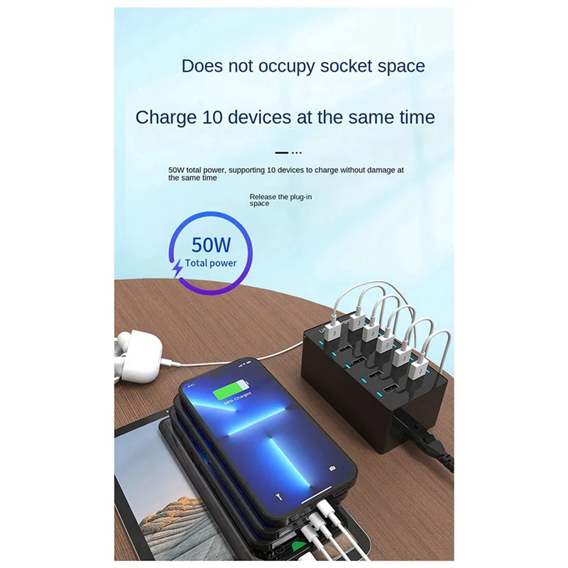 

A32T-2X 50W USB Multiport Charger Fast Charge Charger Hub 10 Port Fast Charge Charger Charging Desktop Dock Charger Black(UK)