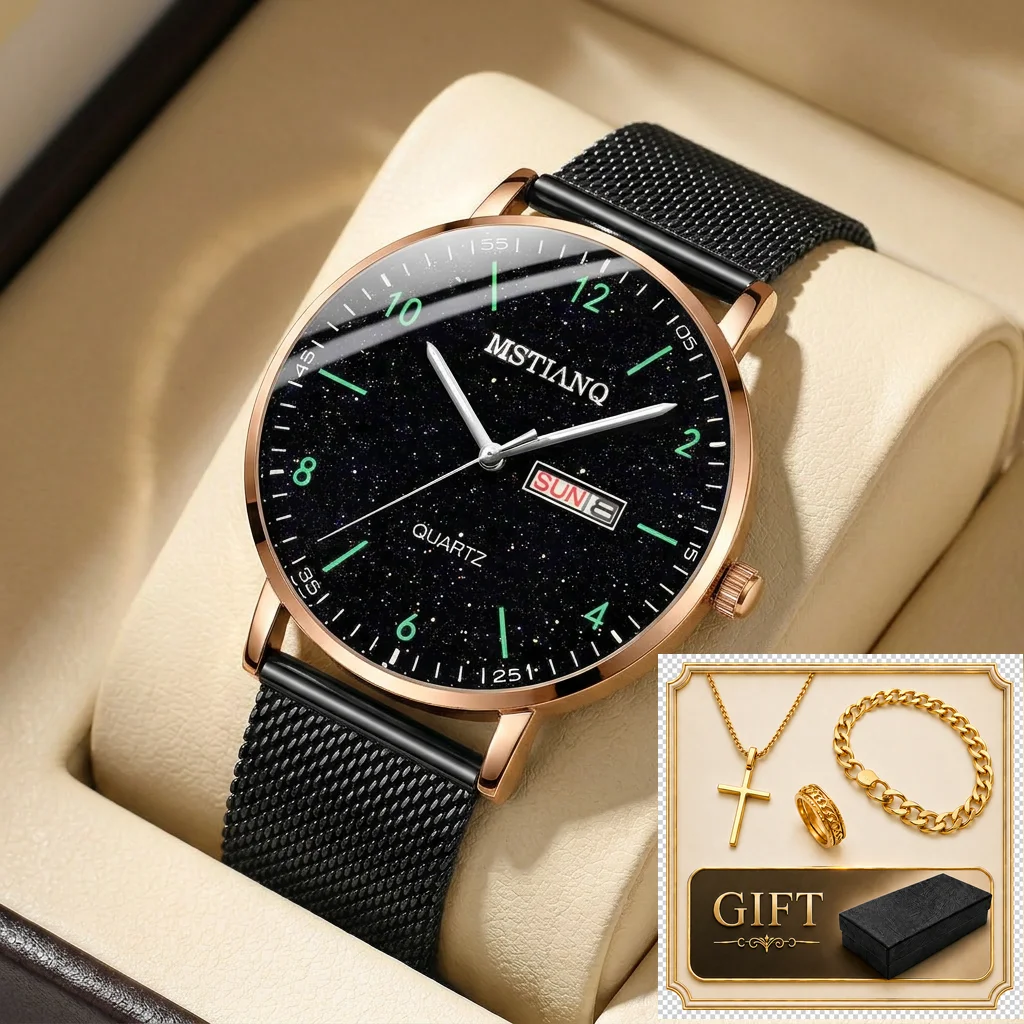 

4pcs gift box set Men's black dial alloy strap fashion jewelry details Quartz Watch Gift Box Set for party holiday