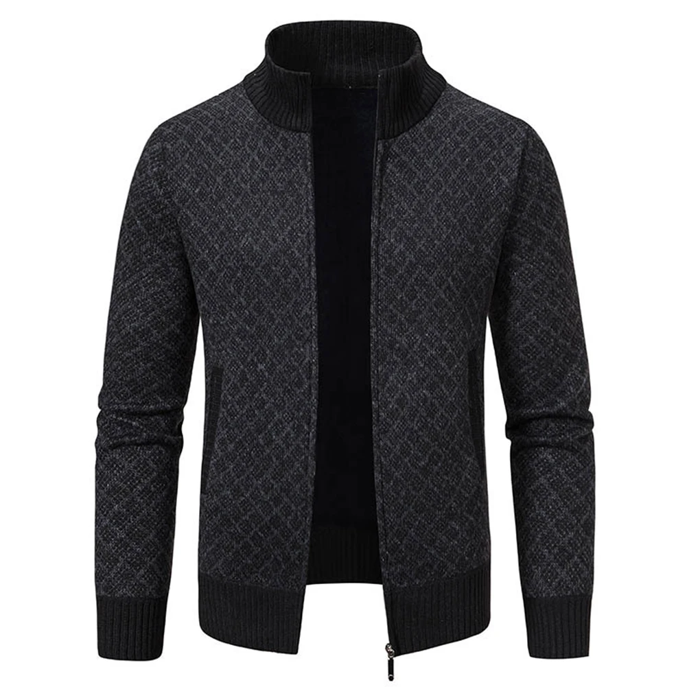 

Warm Winter Knitwear Mens Fleece Lined Cable Knitted Cardigan Slim Fit Sweater Stand Collar Solid Color Coat Casual Fashion