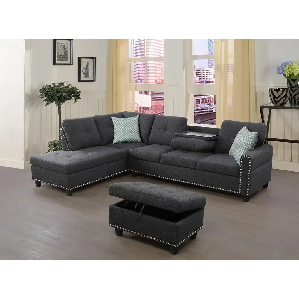 Sectional Soa Couch, ern 4-Seaters Living Room urniture Sets with Chaise Lounge, Ottoman & 2 Pillows | L Shape Couch | Cup Holde